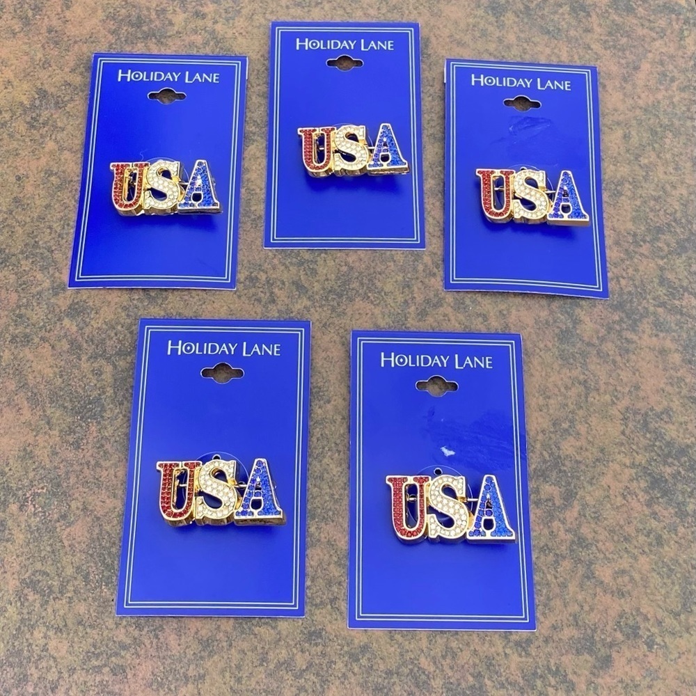 NWT SET LOT OF 5 HOLIDAY LANE USA RED WHITE BLUE CRYSTAL PIN BROOCH
